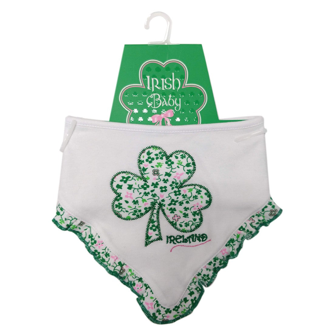 White/ Overall Print Shamrock Applique Bib