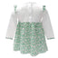 White/ Overall Print Shamrock Applique Long Sleeve Baby Dress