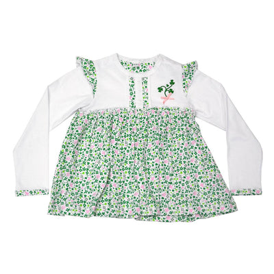 White/ Overall Print Shamrock Applique Long Sleeve Baby Dress