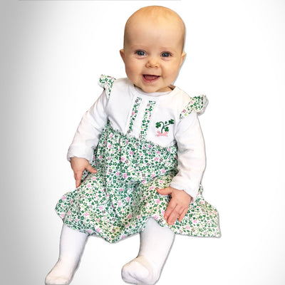 White/ Overall Print Shamrock Applique Long Sleeve Baby Dress