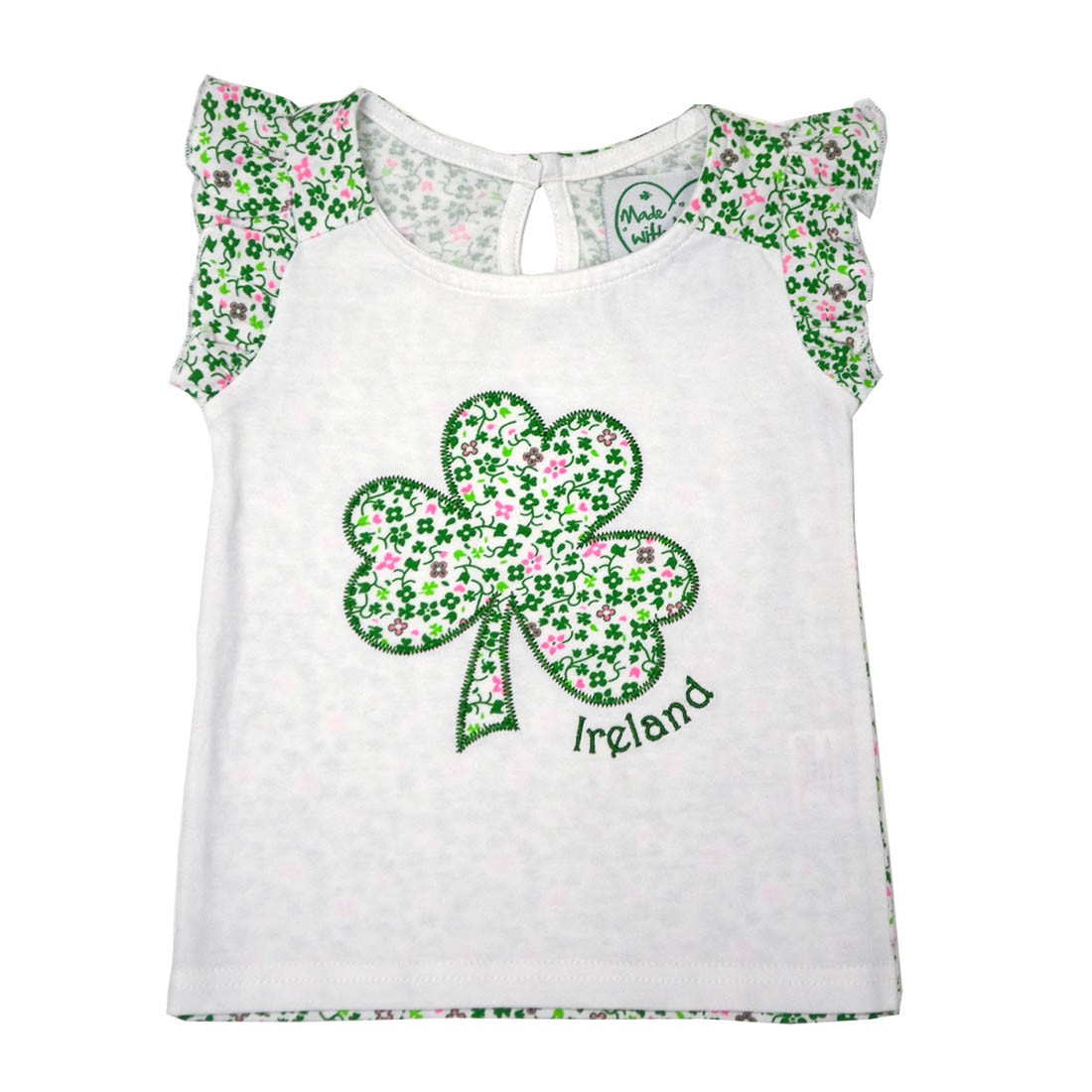 White/ Overall Print Shamrock Kids Frill Sleeve T-shirt