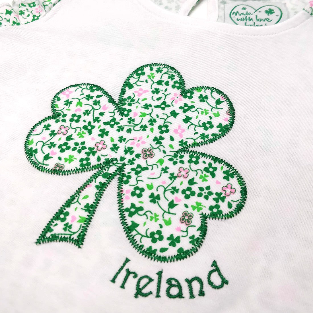 White/ Overall Print Shamrock Kids Frill Sleeve T-shirt
