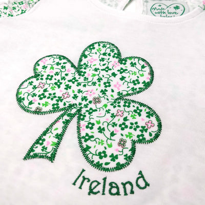 White/ Overall Print Shamrock Kids Frill Sleeve T-shirt