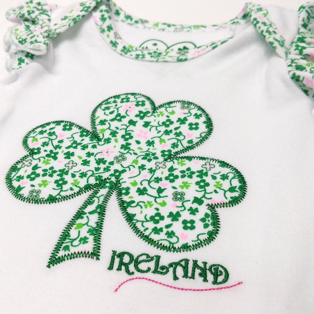 White/ Overall Print Shamrock Kids Frill Sleeve Vest
