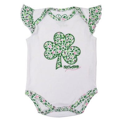 White/ Overall Print Shamrock Kids Frill Sleeve Vest