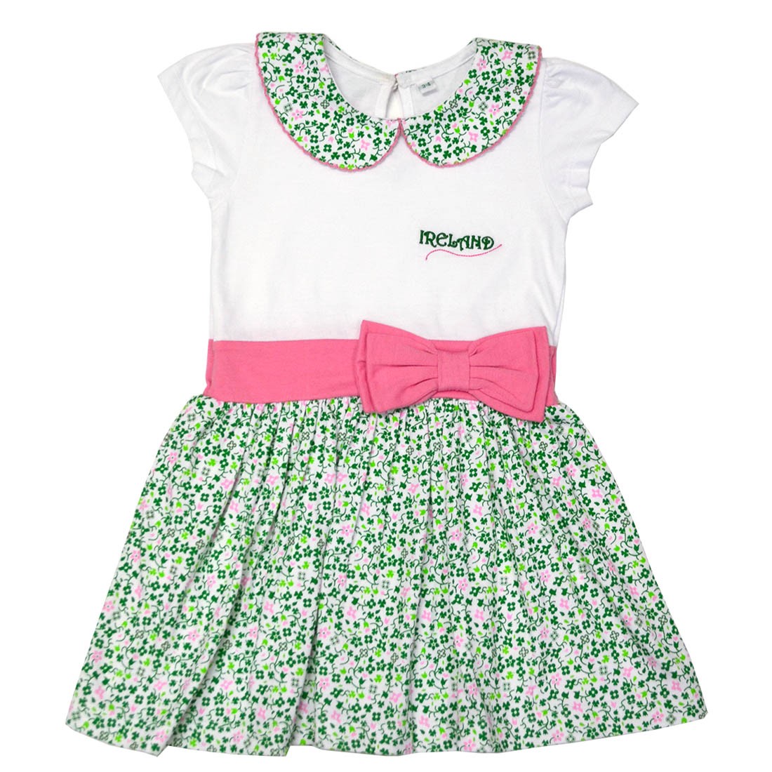 White/ Overall Print Shamrock Pink Bow Kids Dress