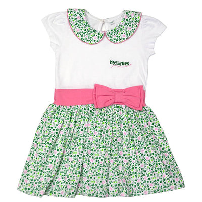 White/ Overall Print Shamrock Pink Bow Kids Dress