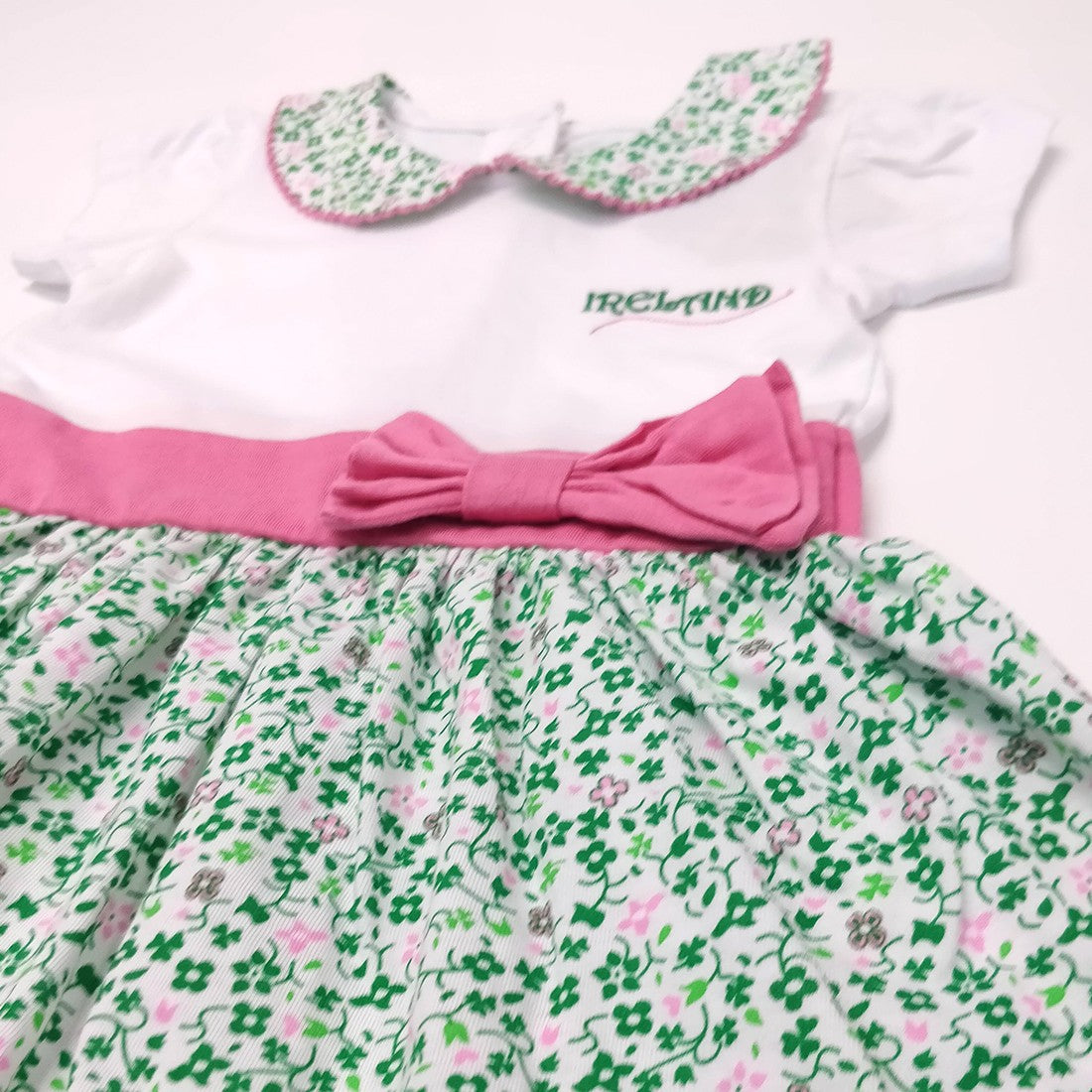 White/ Overall Print Shamrock Pink Bow Kids Dress