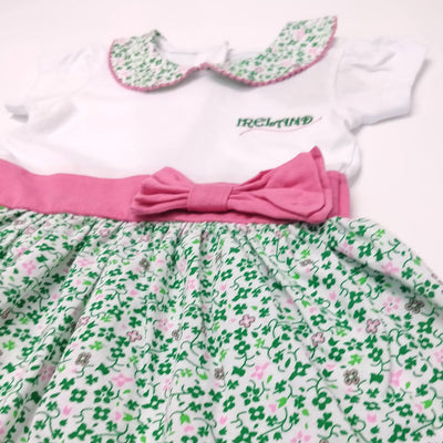 White/ Overall Print Shamrock Pink Bow Kids Dress