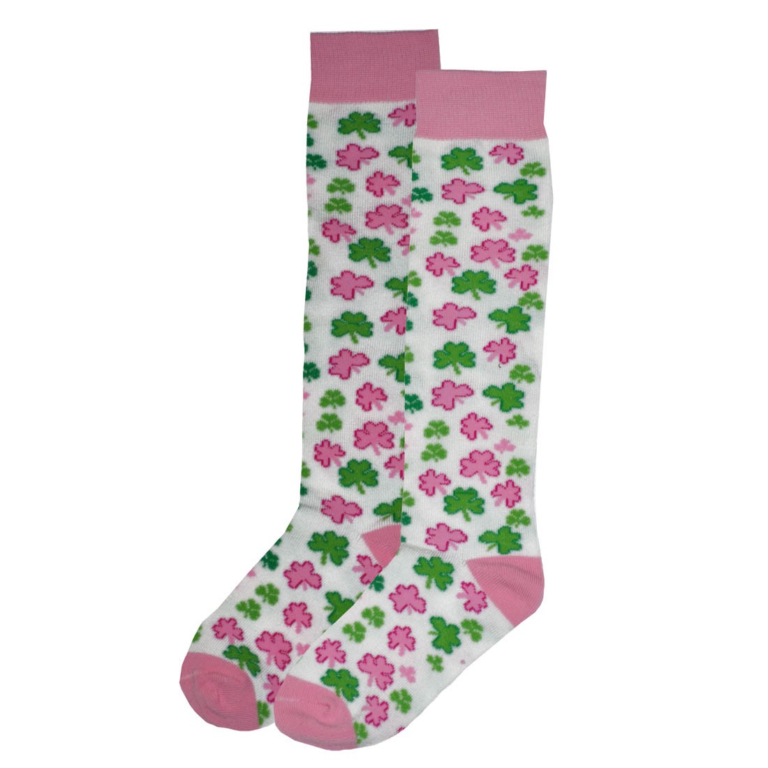 White/ Pink/ Green Knee High Socks With Multi Shamrocks