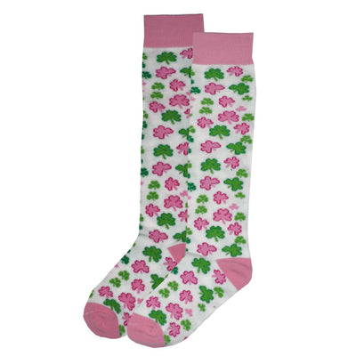White/ Pink/ Green Knee High Socks With Multi Shamrocks
