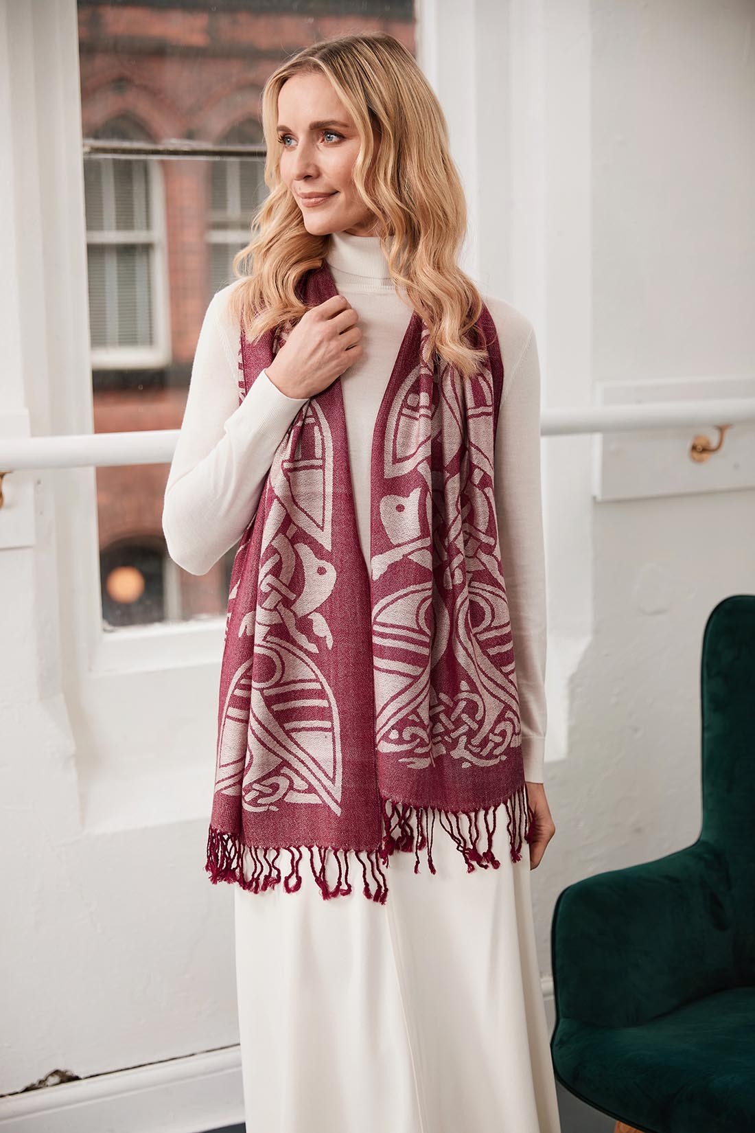 Wool Blend Scarf in Burgundy & Grey